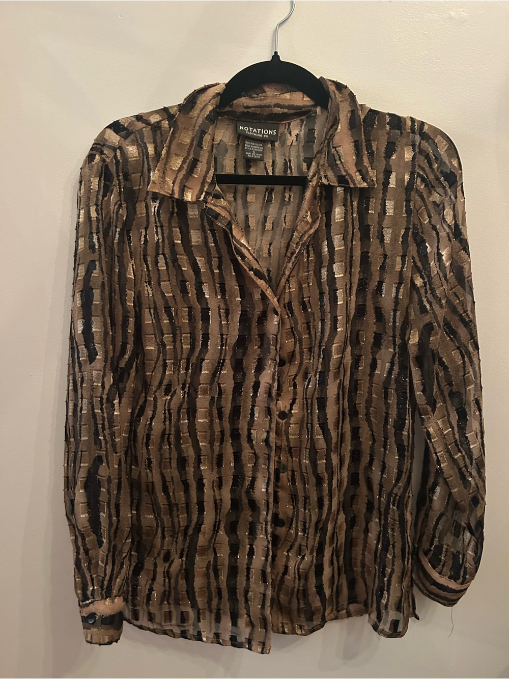 NOTATIONS Vintage Sheer Metallic Striped Button-Up Blouse - Gold & Black